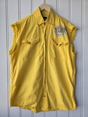 Biker Wear Sturgis Black Hill Yellow Sleeveless Biker Shirt Button Up Mens Large